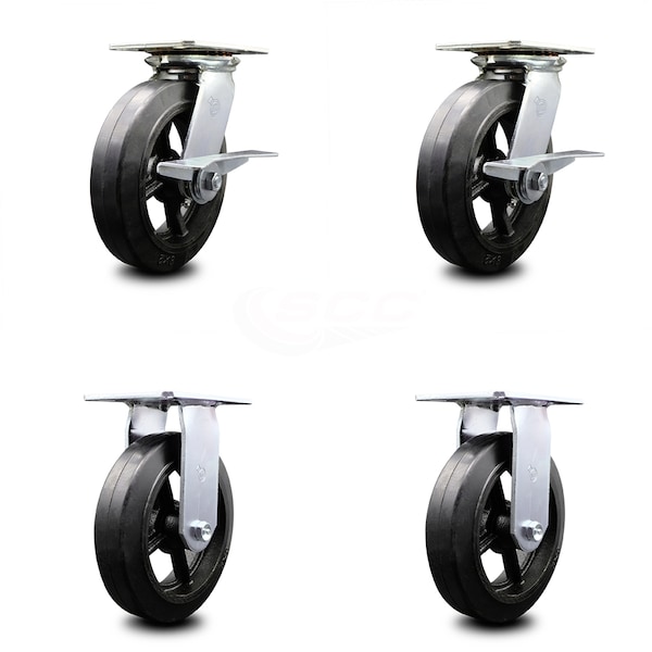 Service Caster 8 Inch Rubber on Steel Caster Set with Ball Bearing 2 Brakes and 2 Rigid SCC SCC-35S820-RSB-SLB-2-R-2 - main
